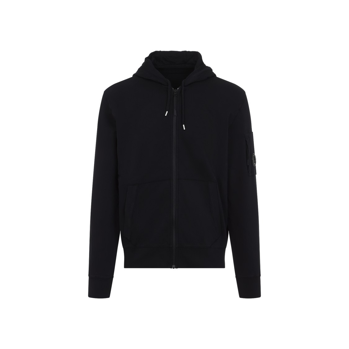 C.P. COMPANY C.P. COMPANY ZIP-UP BLACK HOODIE WITH ADJUSTABLE DRAWSTRINGS