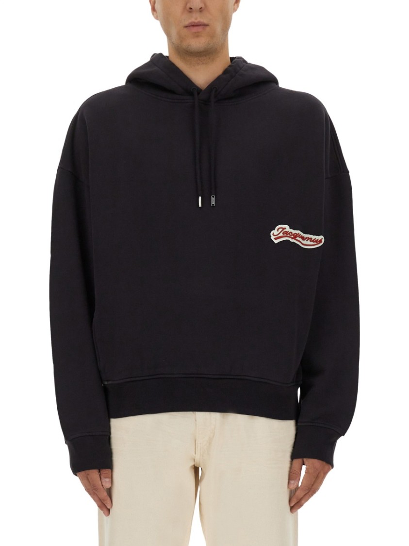Jacquemus Cotton Sweatshirt With Embroidered Varsity Patch In Black