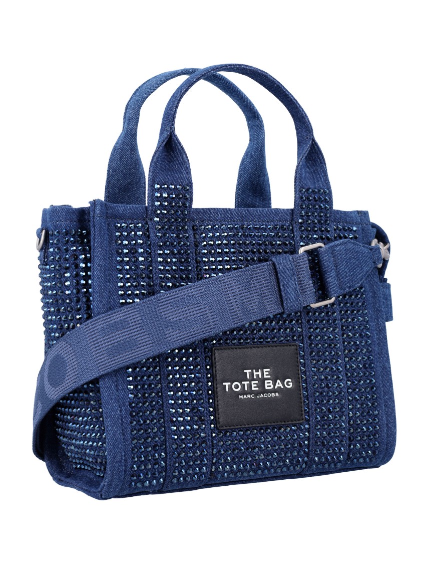 Shop Marc Jacobs Crystal-embellished Denim Small Tote Bag In Blue