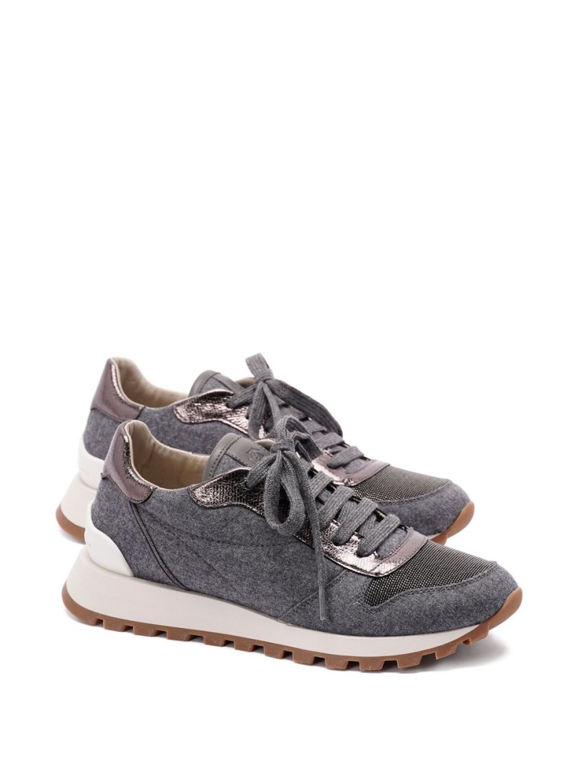 Brunello Cucinelli Textured Fabric Flats With Metallic Accents In Gray