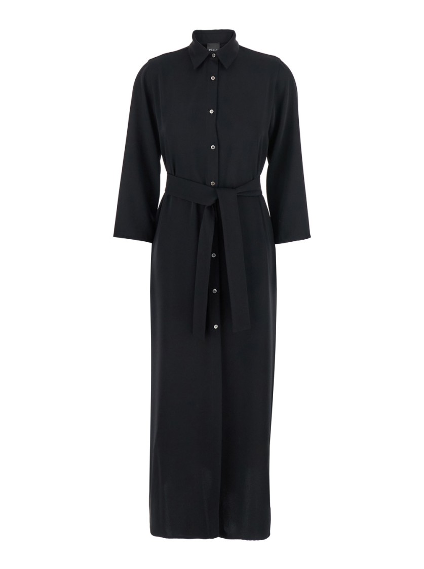 Plain Black Long Dress With Classic Collar And Front Button Closure