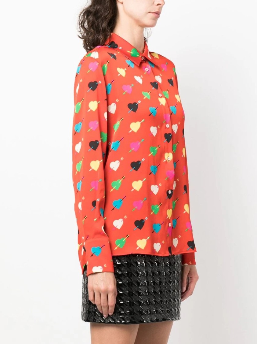 Msgm Red Shirt With Arrowed Heart Print Motif In Red