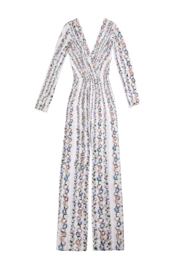 Saiid Kobeisy Canton Crepe Beaded Jumpsuit With A Wrapped Top In Gray