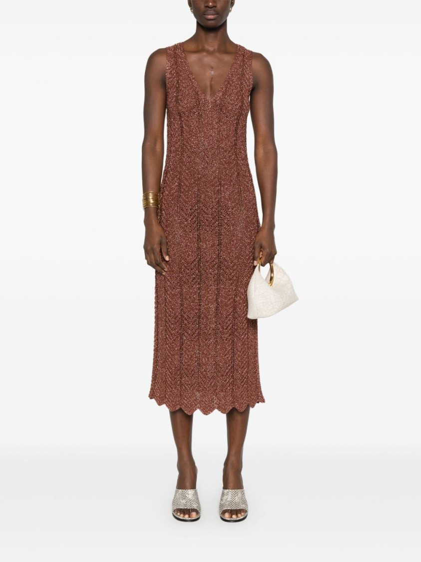 TWINSET TWIN-SET BROWN MIDI DRESS WITH TEXTURED FABRIC