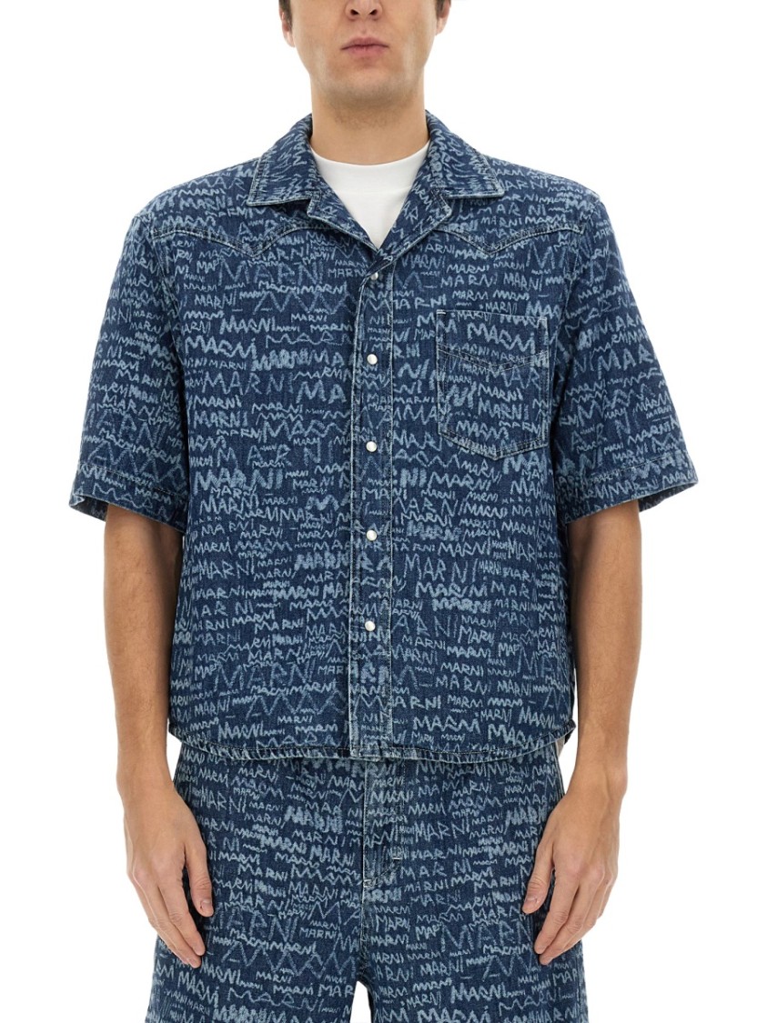Marni Logo Western Denim Shirt In Blue