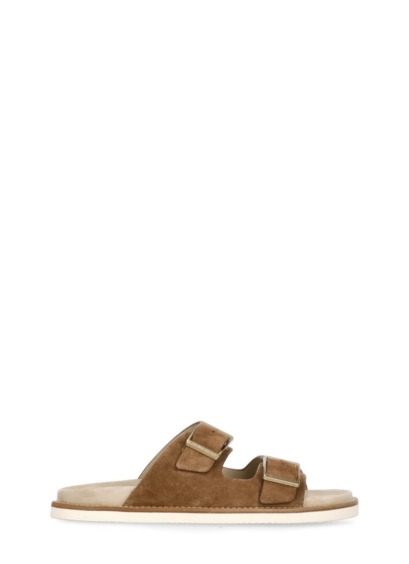 Brunello Cucinelli Men's Beige Suede Leather Sandals With Decorative Buckle Detail