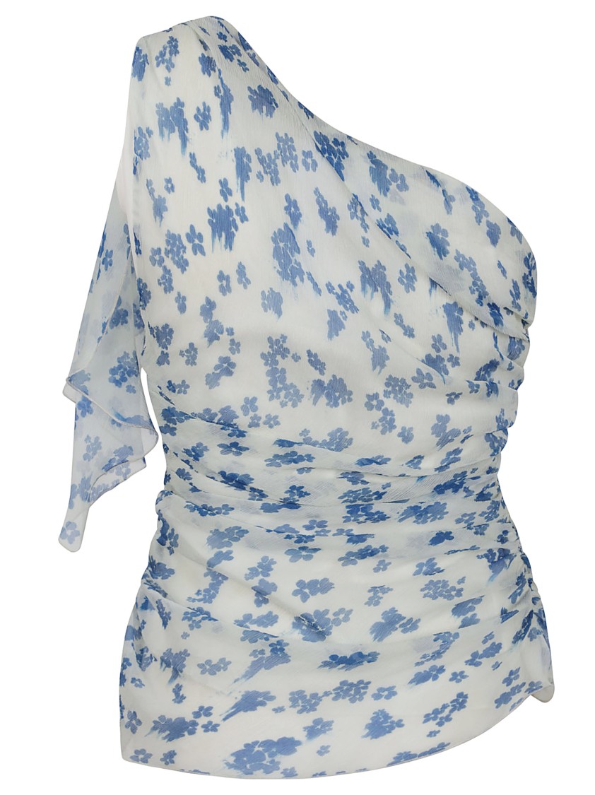 Victoria Beckham Asymmetric Draped Floral Ruched Sleeve Top In Blue