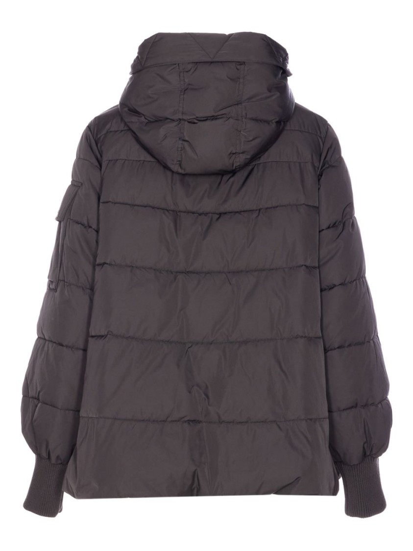 Pinko Puffer Jacket With Hood And Horizontal Quilting In Brown