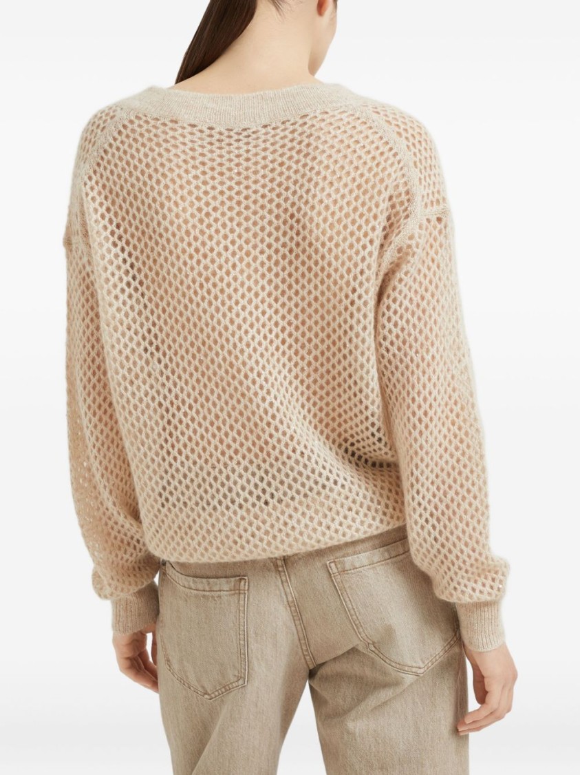 Brunello Cucinelli Deep V-neck Open Knit Sweater In Neutral