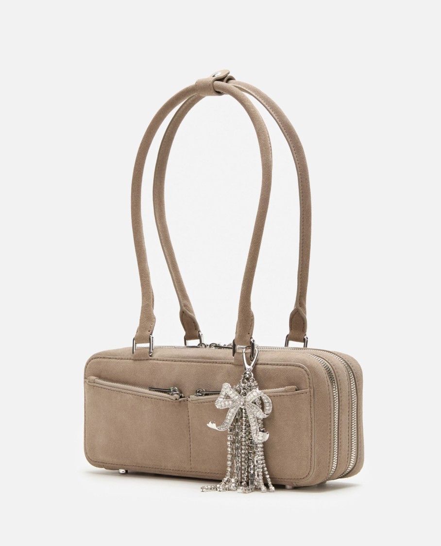 Self-portrait Grey Suede Baguette Shoulder Bag With Charm In Gray