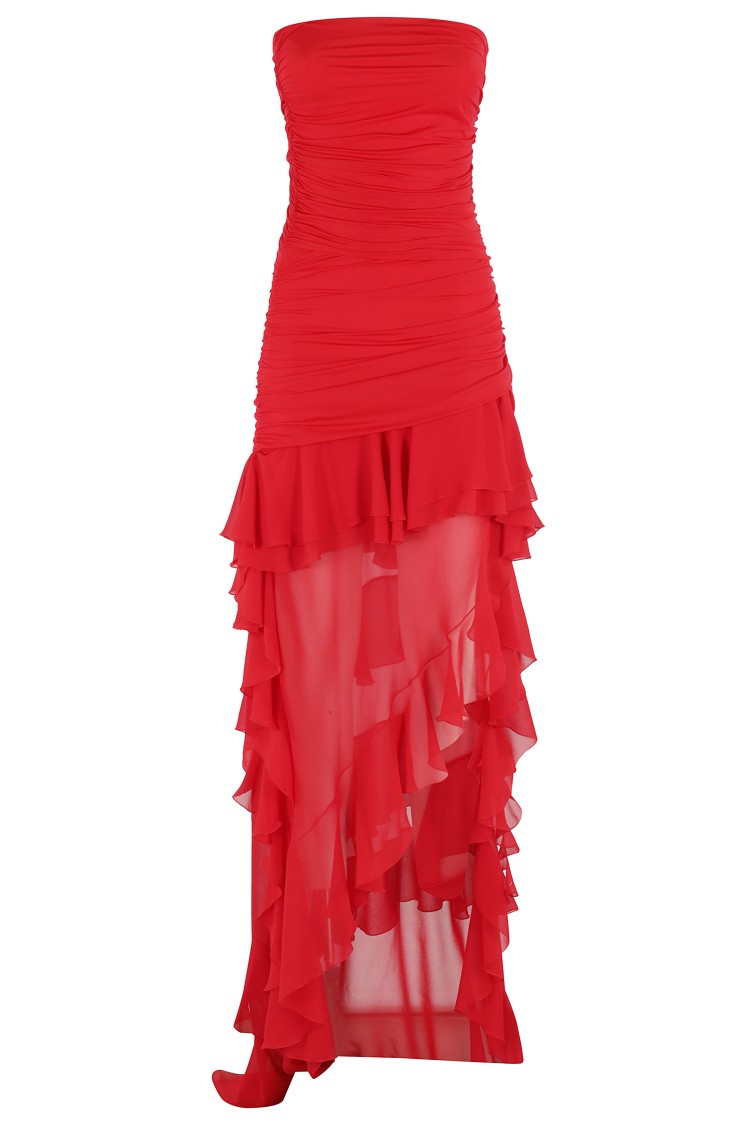 Blumarine Draped Bodice Dress With Asymmetrical Chiffon Skirt In Red