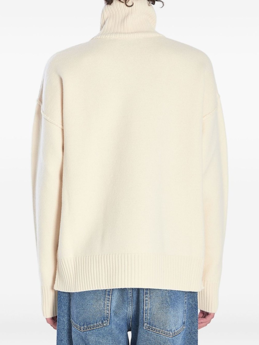 Ami Alexandre Mattiussi Ami White Turtleneck Sweater With Heart Motif In Neutral