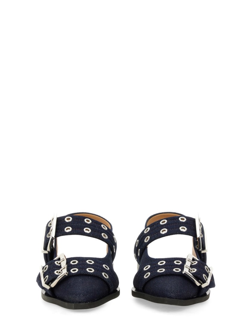 Ganni Buckled Eyelet-embellished Recycled Denim Ballet Flats In Blue