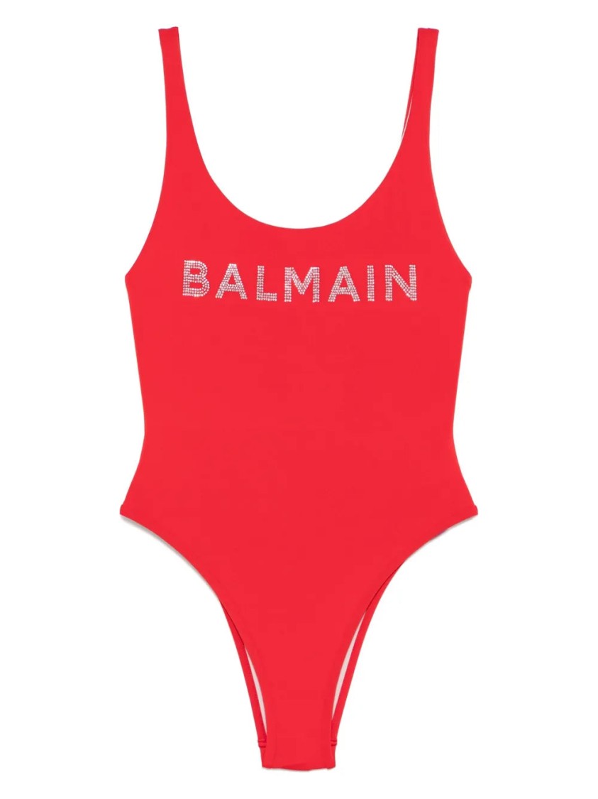Balmain Red Swimsuit With Deep Scoop Neckline In Red