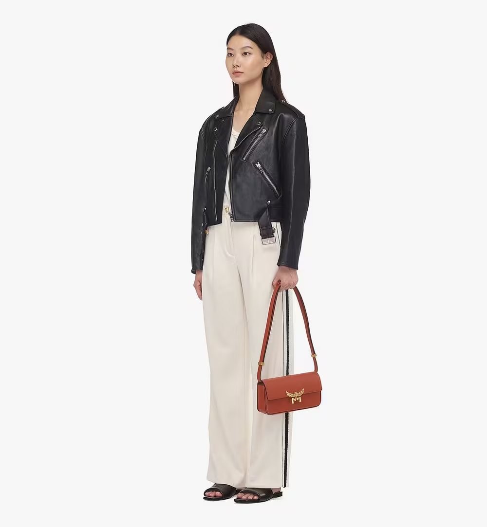 Mcm Structured Brown Calf Leather Shoulder Bag In Red