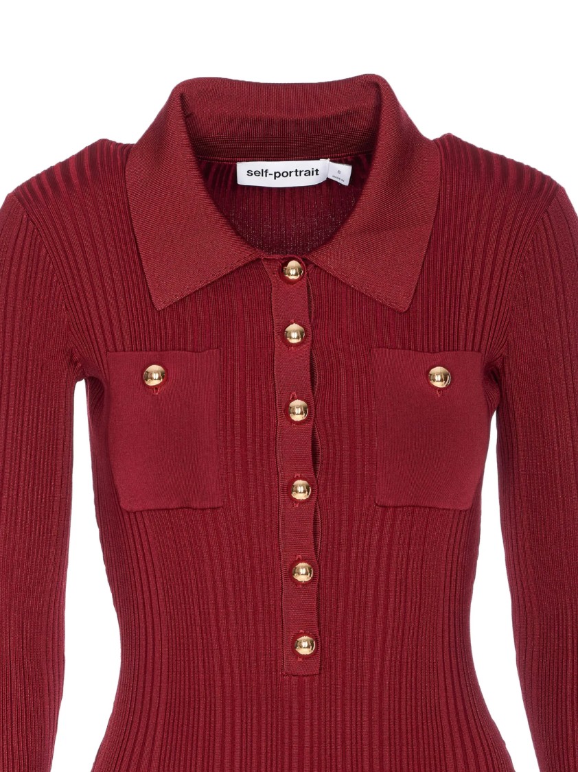 Self-portrait Fitted Ribbed Maxi Dress With Classic Collar In Red