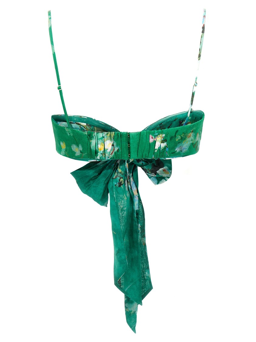 Zimmermann Womens Everley Bow Floral-pattern Linen Bralette Green Watercolour Floral In Green