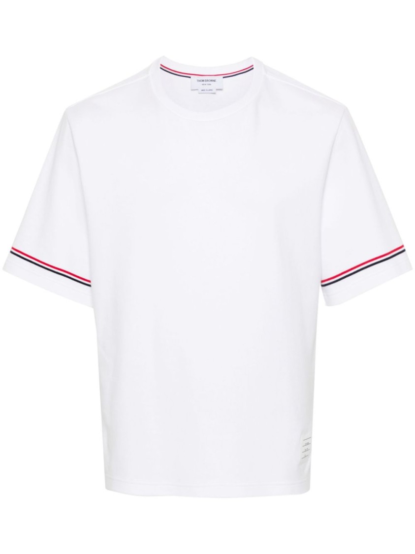Thom Browne White Crewneck T-shirt With Rwb Detail On Neck And Sleeve In White
