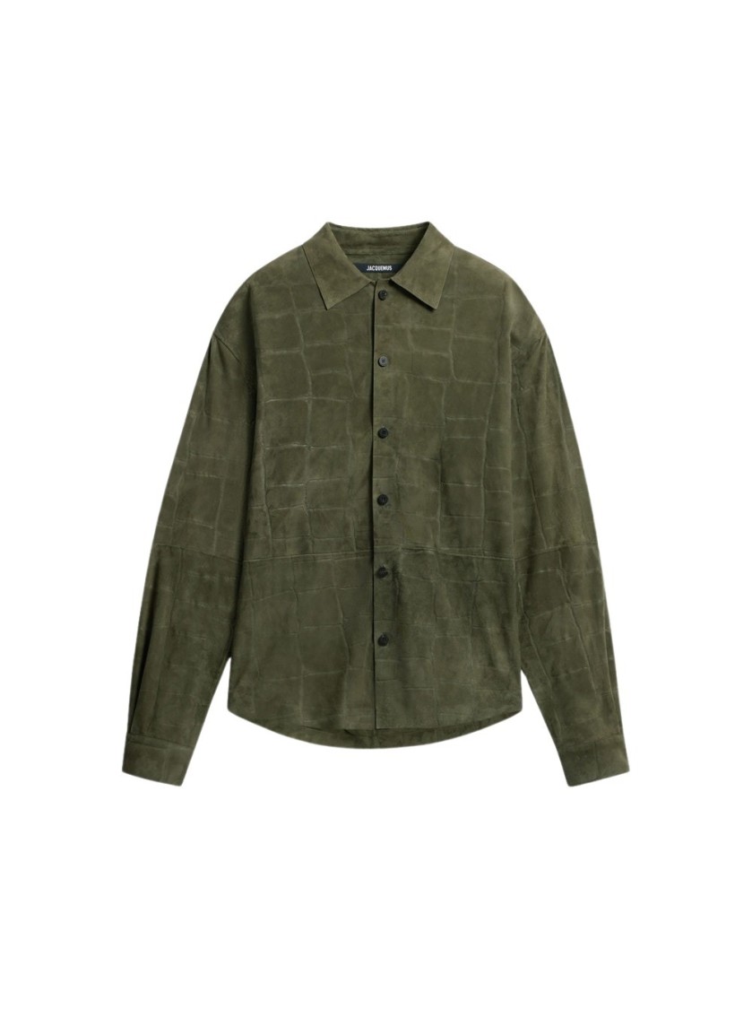 Jacquemus La Chemise Croc Embossed Goatskin Suede Button-up Shirt In Green