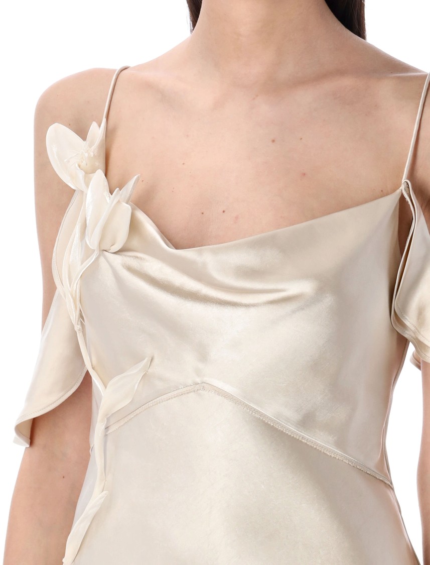Self-portrait Beige Off-shoulder Mini Dress With Ruched Details In Tech Fabric Woman