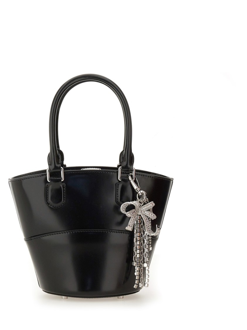 Self-portrait Structured Black Leather Tote With Detachable Charm In Black
