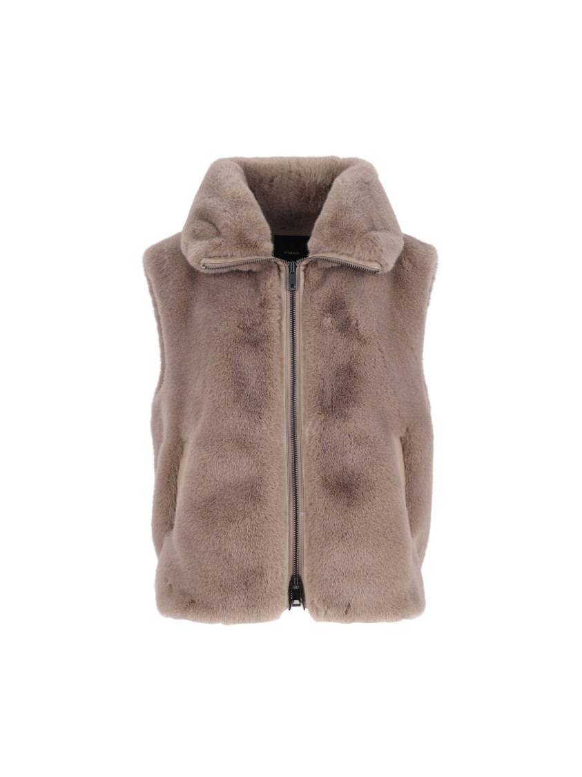 Pinko High Collar Faux Fur Vest In Beige In Neutral