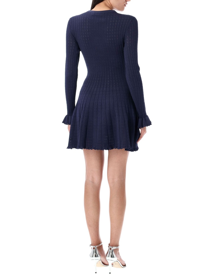 Self-portrait Perforated Knit Short Dress With Removable Lace Brooch In Blue