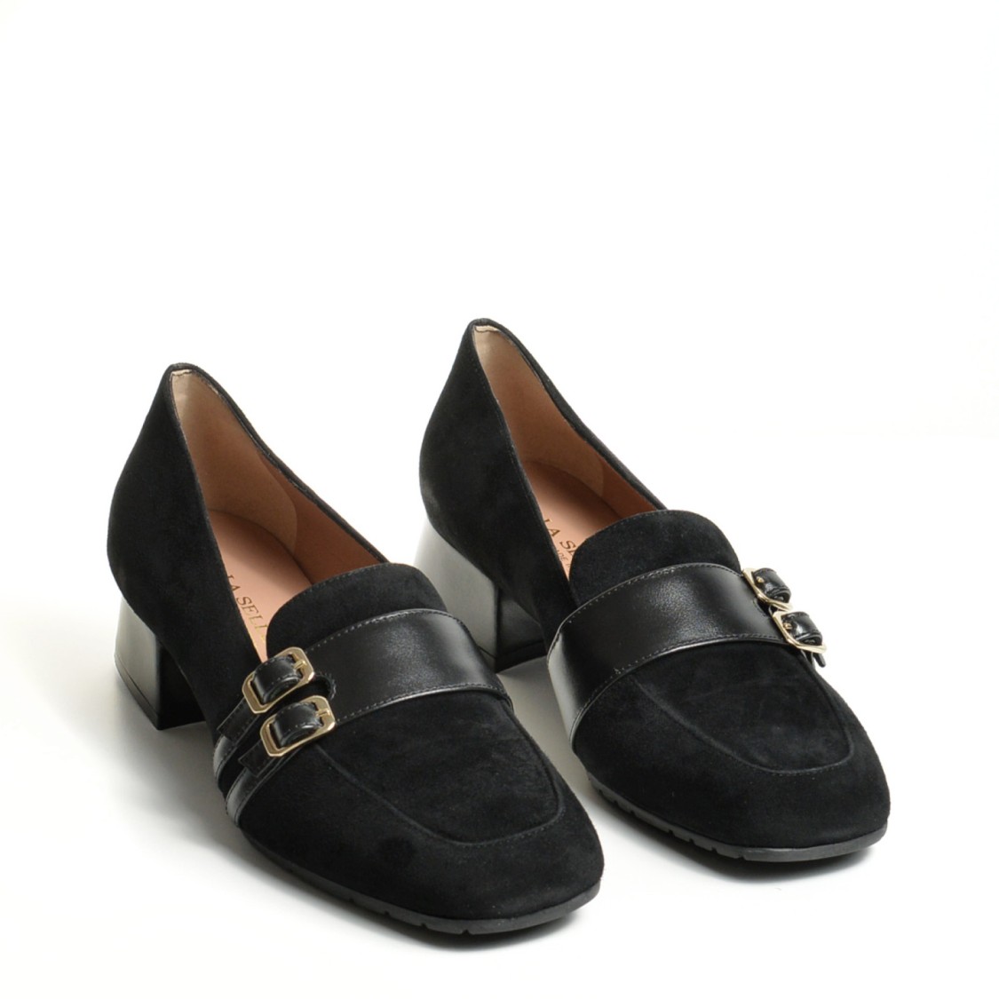 La Sellerie Black Suede Loafer With Two Straps In Black