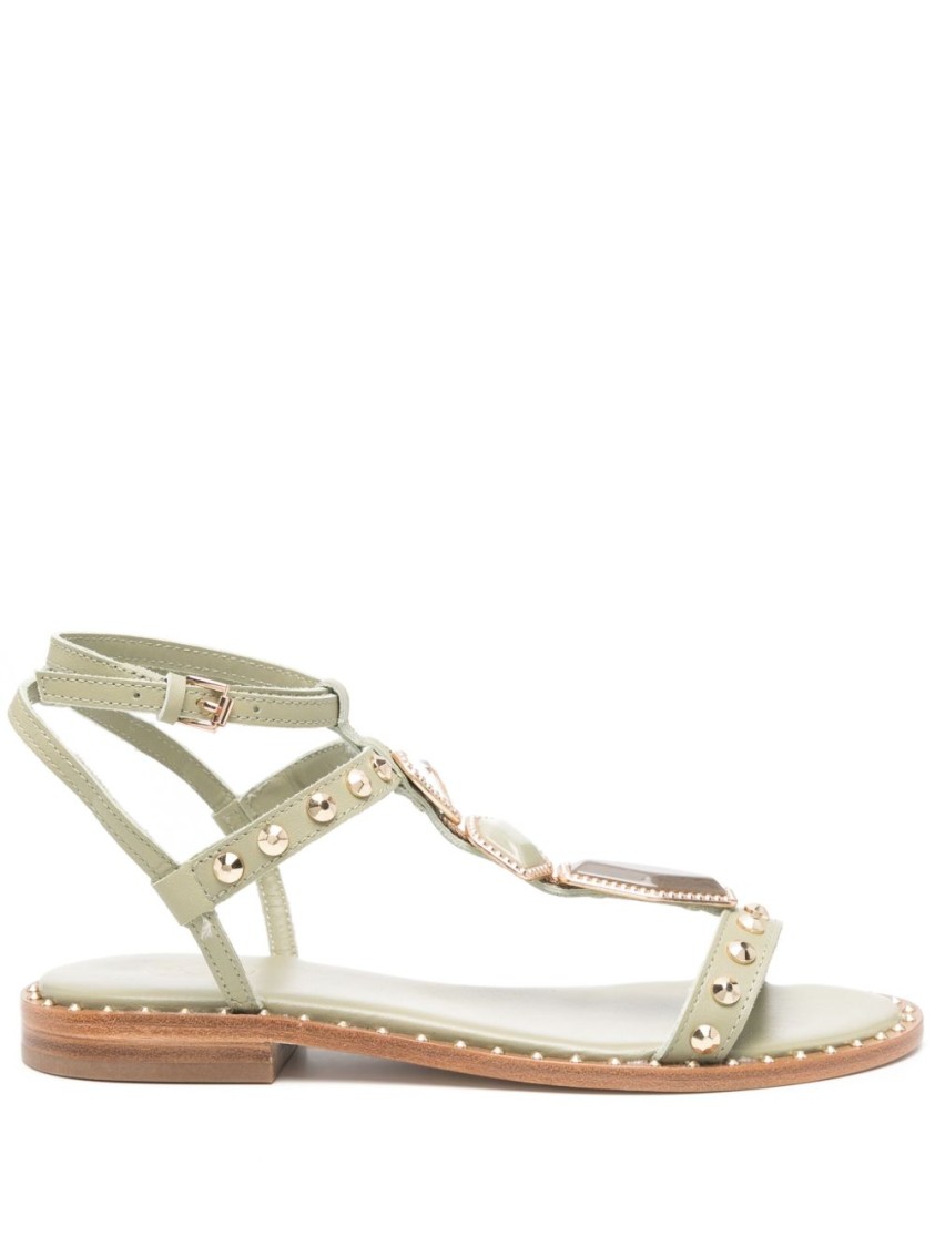 Ash Strappy Green Sandals With Gemstone Embellishments
