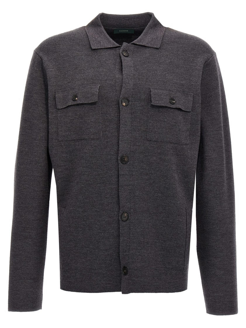 Zanone Classic Grey Wool Cardigan With Button Closure And Flap Pockets In Black