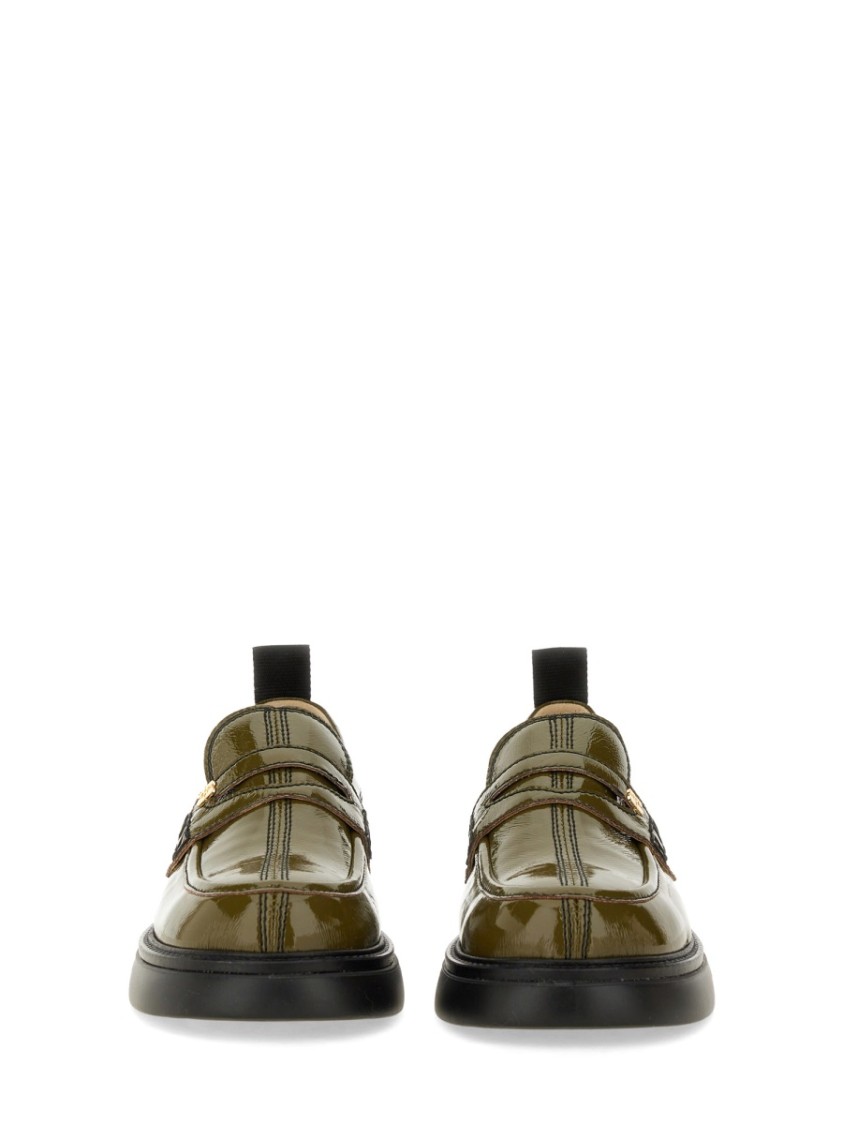 Ganni Logo Loafer Chunky Sole Glossy Finish In Green