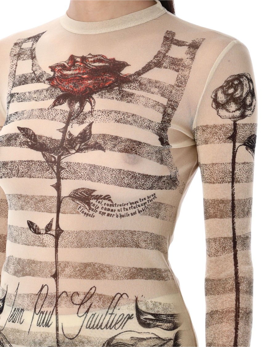 Jean Paul Gaultier Mesh Ls Sleeve Tatoo Marinier Top In Neutrals