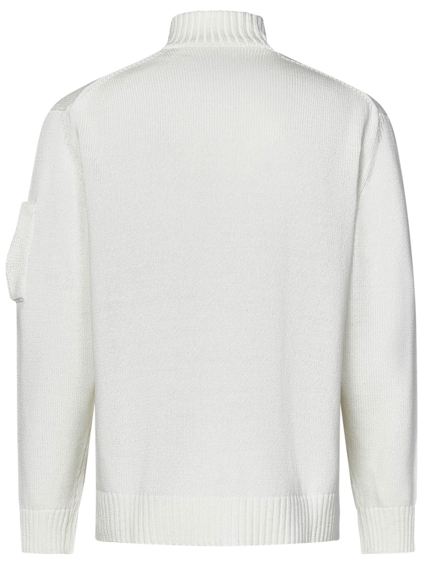 C.p. Company White Cardigan With High Neck And Lens Motif Applied On The Sleeve In Cotton Man