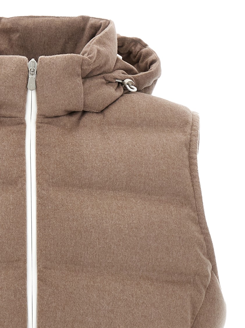 Brunello Cucinelli Men Sleeveless Wool Down Jacket With Detachable Hood In Brown