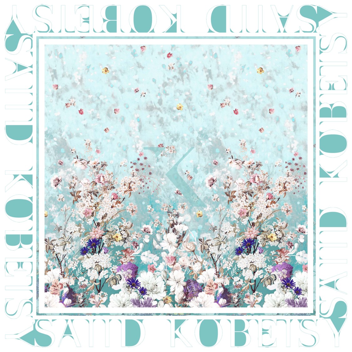 Saiid Kobeisy Tropical Flower Print Aqua Sky Chiffon Silk Scarf In Blue