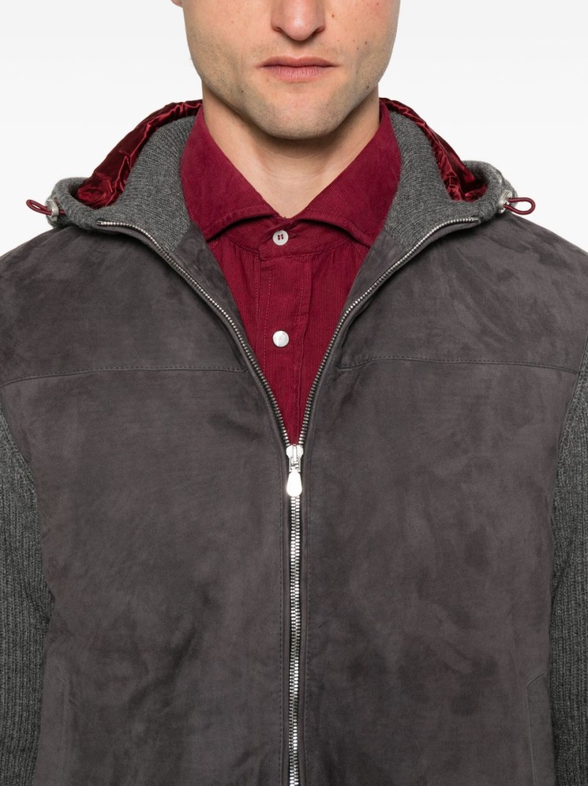 Brunello Cucinelli Grey Suede And Knit Hooded Jacket In Gray