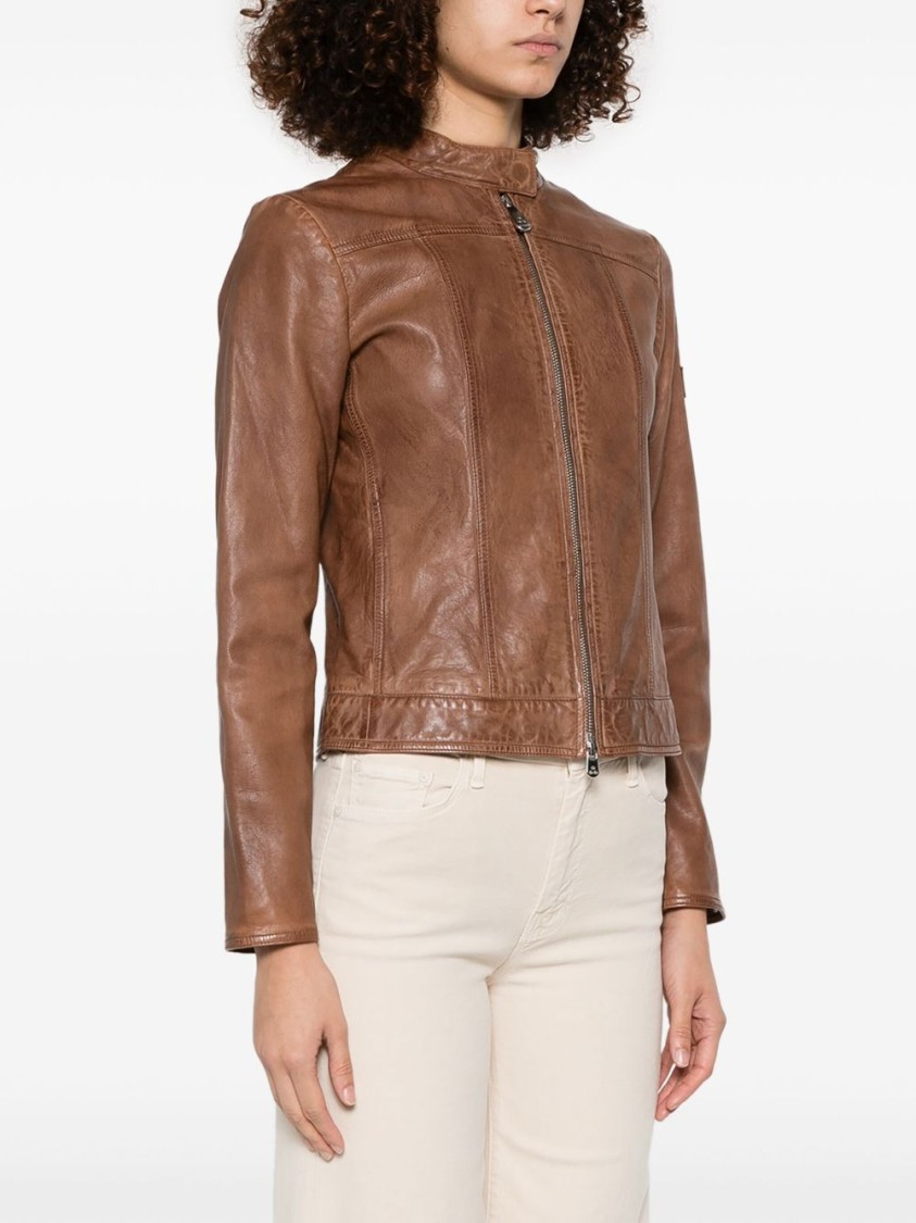 Peuterey Brown Leather Jacket With High Collar In Brown
