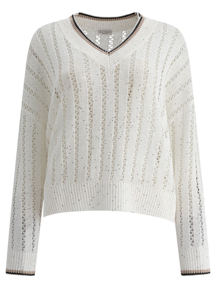Brunello Cucinelli Open-knit Sweater With Vertical Stripes In White