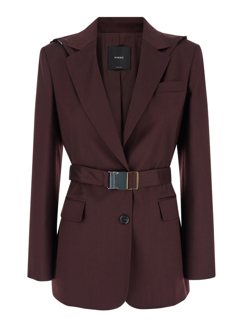 Pinko 'cortez' Bordeaux Jacket With Notched Revers And Removable Hood In Wool Blend Woman In Burgundy