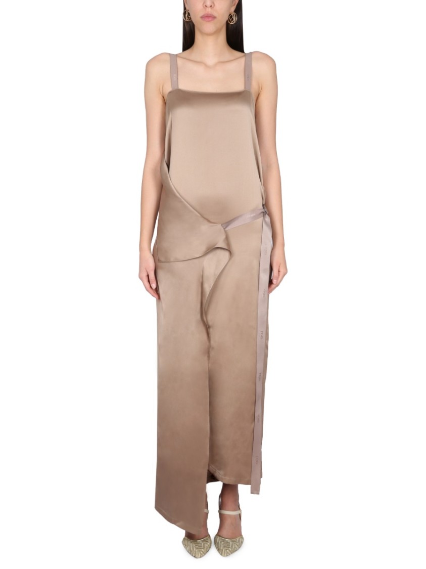 Fendi Square Neck Satin Maxi Dress In Neutrals