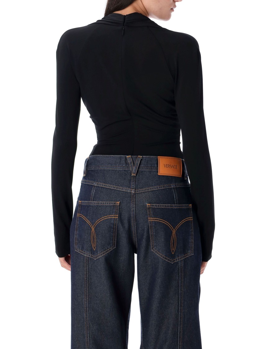 Versace Safety Pin Draped Bodysuit In Black