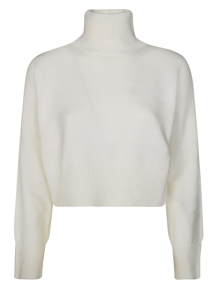 Dondup Cropped Sweater With High Turtleneck And Ribbed Detailing In White