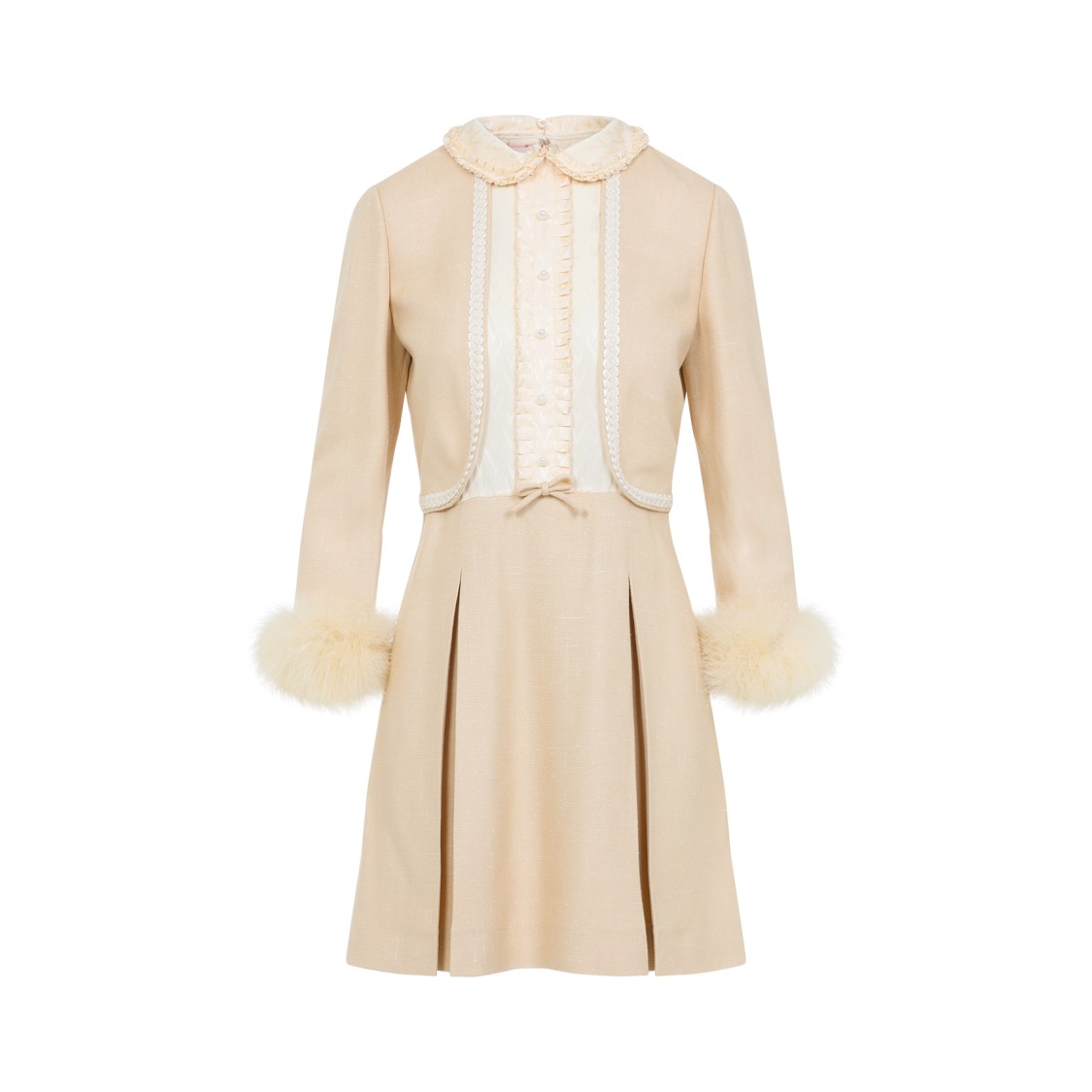 Valentino Nude Viscose-silk Blend Dress With Feather-accented Cuffs In Neutrals