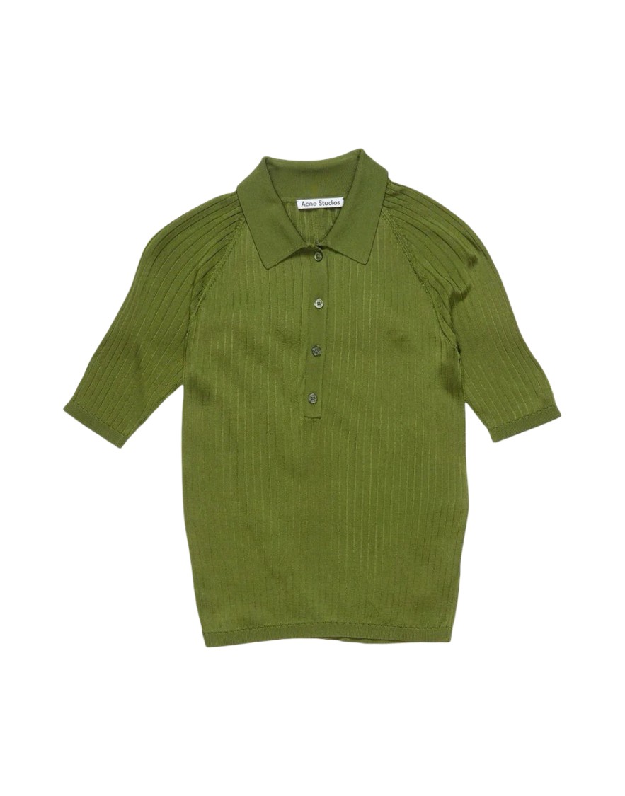 Acne Studios Ribbed Silk Polo With Classic Collar In Green