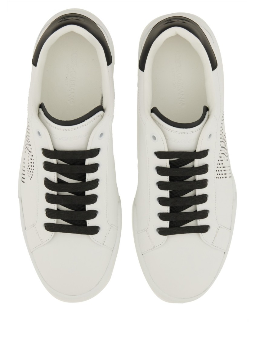 Dolce & Gabbana White And Black Leather Sneakers In White
