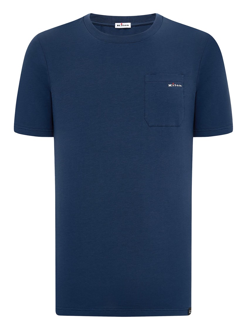 KITON KITON BLUE STRETCH COTTON JERSEY T-SHIRT WITH LOGO POCKET