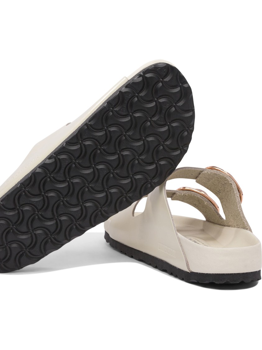 Birkenstock Arizona Lacquer Leather Slides In Neutral