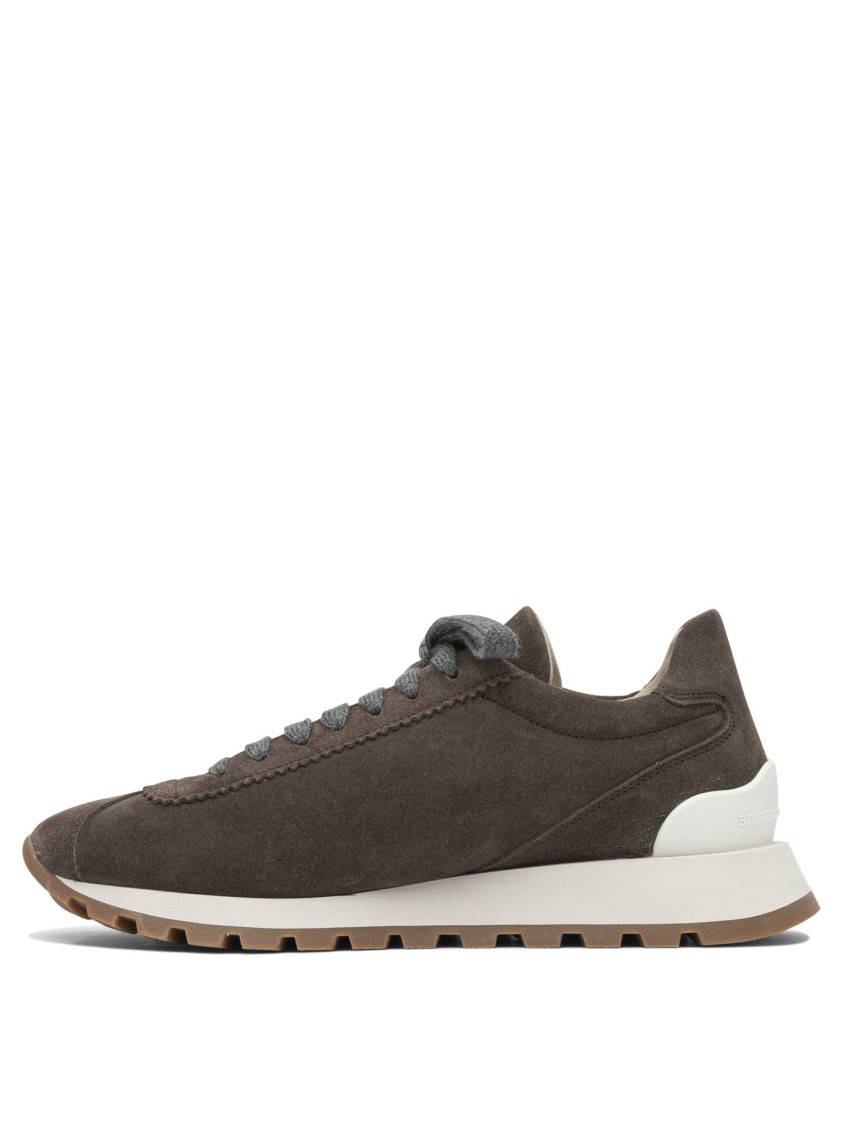 Brunello Cucinelli Suede Sneakers With Shiny Tab In Gray