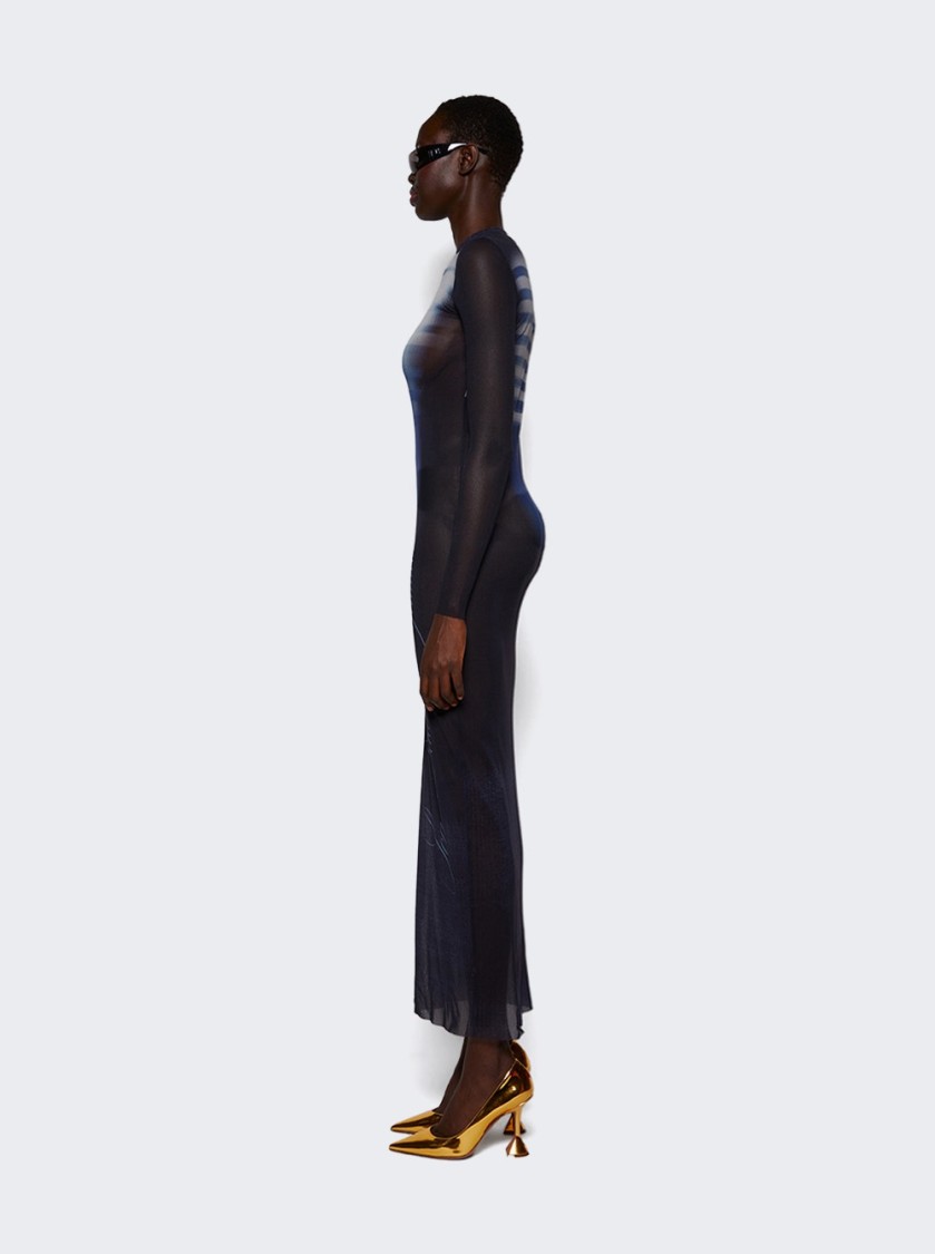 Shop Jean Paul Gaultier Le Male Printed Mesh Crew Neck Long Dress Navy In Blue