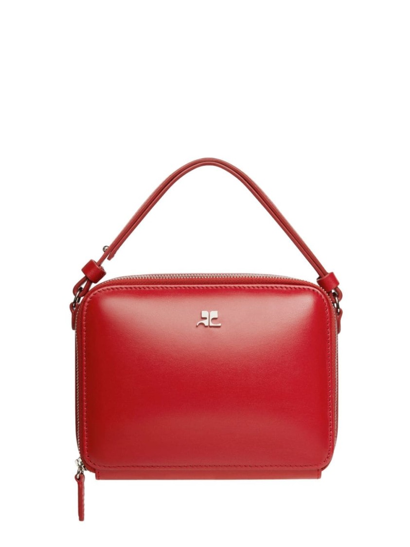 Shop Courrèges Ruby Red Calf Leather Shoulder Bag With Silver-tone Accents